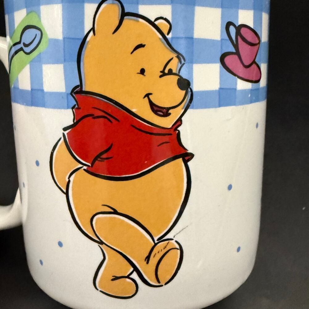 Vintage 1997 Disney Winnie the Pooh Ceramic Mug Cup Blue Gingham Polka Dot